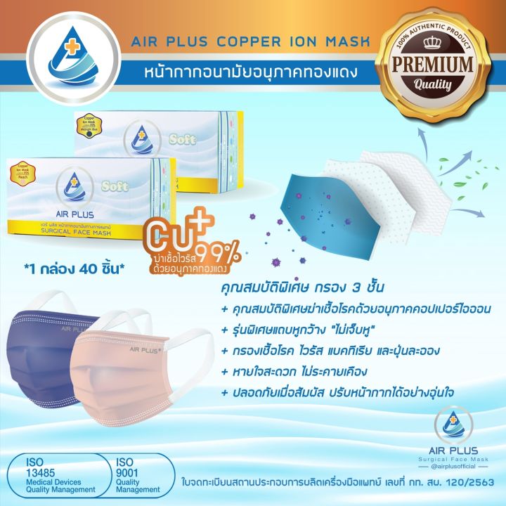 โปรพิเศษซื้อ3แถม2ชิ้น-ใหม่ล่าสุด-air-plus-soft-copper-ion-mask-anti-virus-1กล่อง-40ชิ้น-รุ่นแถบหูหว้าง-ผลิตในไทย-ปลอดภัย-มีอย-vfe-bfe-pfe99