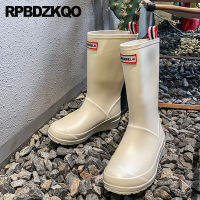 Slip On Shoes Women Equestrian Wedges ยางกันน้ำ Mid Calf Jelly Fishing Rainboots Rain Boots Pvc ส้นต่ำขี่กว้าง ~