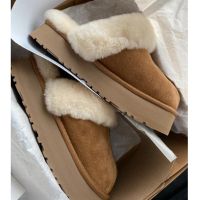 【CW】 Flats Shoes 2023 New Fashion Platform Casual Home Suede Fur Warm Slingback Flip Flops Winter Brand Plush Cotton Slippers Women