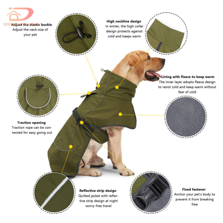 เสื้อโค้ทสัตว์เลี้ยงสุนัขอบอุ่นพร้อมสายรัดสะท้อนแสง-เครื่องแต่งกายจั๊มสูทหนากันลมกันน้ำปรับได้