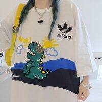 A-di Summer New Loose Cartoon Dinosaur Logo Letter Printing Men and Women with Cotton T-shirt Collar+tag.