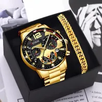 DEYROS 2Pcs Fashion Mens Watches with Gold Bracelet Luxury Waterproof Stainless Steel Calendar Business Luminous Quartz Wrist Watch Jam Tangan Lelaki