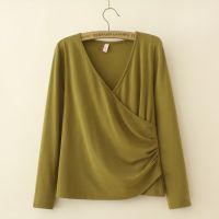 Plus Size XL-4XL Womens Solid Color Green Black Tops Casual V-neck Fashion Female Spring Autumn Tops