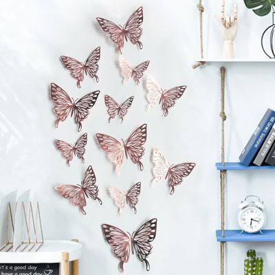 Home Decoration Party Supplies Metal Texture Mariposas Decals Butterfly Wall Stickers Gold Silver Rose Gold 3D Hollow