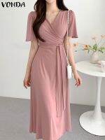 【HOT】✺☋┇ 2023 V-neck Sundress Fashion Short Sleeve Waist A Hem Vestido Office Robe