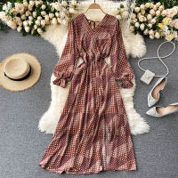 French Spring Summer Womens Floral Chiffon Dress Femme Robe Long Sleeve Fashion Sexy V-Neck Vintage Dress Korean Clothing