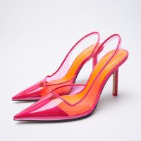 Summer Za.raˉnew pointed toe high heels rose red plastic fashion side empty stiletto sandals women