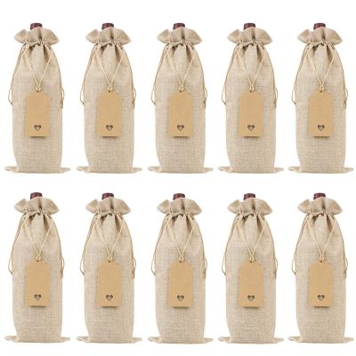 Burlap Wine Bags Wine Gift Bags with Drawstrings, Single Reusable Wine Bottle Covers with Ropes and Tags (10 Pcs)