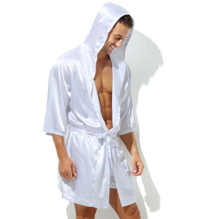 ชุดนอนชุดนอนผ้าไหมสำหรับผู้ชาย-ชุดคลุมอาบน้ำชุดคลุม-baju-tidur-satin-ชุดกิโมโนสำหรับใส่ในชุดกางเกงขาสั้นในเสื้อคลุมอาบน้ำแบบมีหมวก