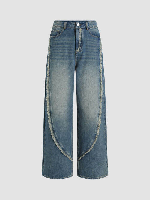 Cider Middle Waist Patchy Fringe Wide Leg Jeans Lazada.co.th