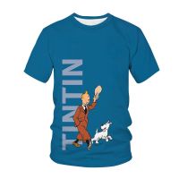 2023 NewSummer ผู้ชายรอบคอผจญภัย TINTIN แขนสั้นเสื้อยืด3d พิมพ์ดิจิตอลแขนสั้น