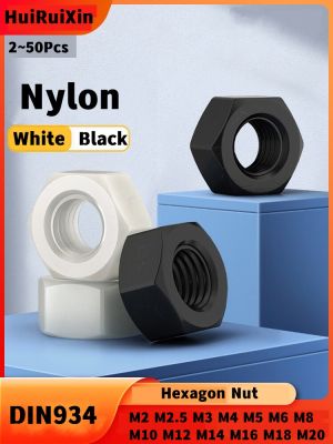 2 50Pcs M2 M2.5 M3 M4 M5 M6 M8 M10 M12 M14 M16 M18 M20 White Black Plastic Nylon Hex Hexagon Nut DIN934 For Bolt Screw