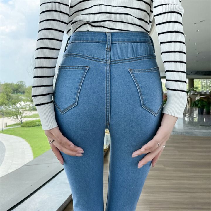 กางเกงยีนส์ผ้ายืดขายาวทรงตรงขาตรงขาตรงกางเกงวินเทจเอวสูงกางเกงยีนส์ดินสอผอมสำหรับผู้หญิง