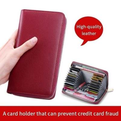 ZZOOI Genuine Leather Ladies Wallet Anti-theft Brush Multi-card Zipper Card Bag Long Large Capacity Multifunctional Wallet Coin Purse
