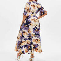 Bohemian V-Neck Flowers Printing Fishtail Swing Skirt Casual Bandage Short Sleeve Waist Loose Irregular Dresses Plus Size Female