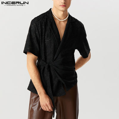 INCERUN เสื้อเก็บเอวมีเชือกผูกดีไซน์ไฮเอนด์สำหรับผู้ชายแขนสั้นปกเสื้อ (สไตล์ตะวันตก)