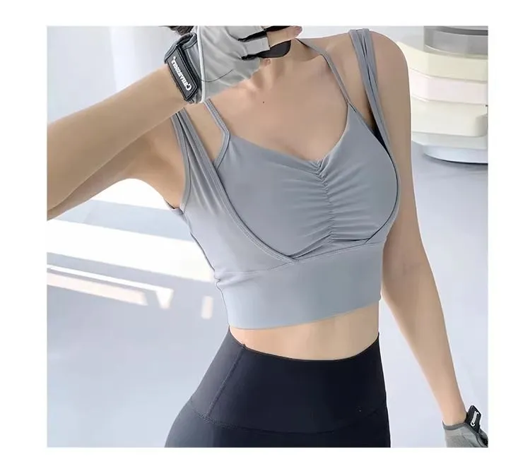 New Double-Shoulder Strap Sports Underwear Women's Beauty Back Front Shrink  Wrinkle Vest Running Shockproof Sexy Yoga Workout