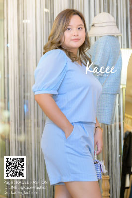 เซทเสื้อลายทางแขนสั้นชีฟองอก38 กางเกงขาสั้นสม็อค (K010) Plus size