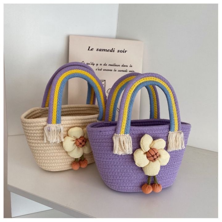 กระเป๋าถือกระเป๋าสานประดับดอกไม้สีสันสดใสcc922