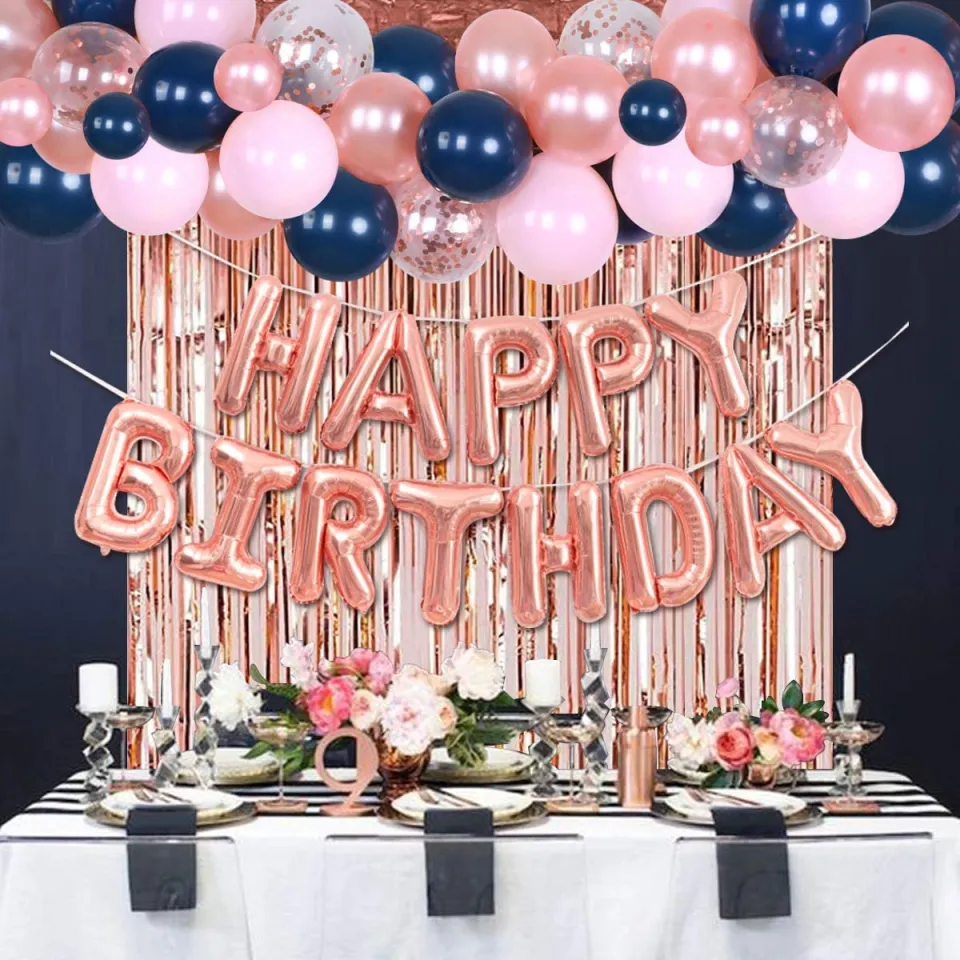 Black and Rose Gold Birthday Decorations - Rose Gold Black Balloon Garland  Kit Happy Birthday Backdrop for Women Girls Sweet 16th/18th/30th/40th/50th  Birthday Party Supplies 