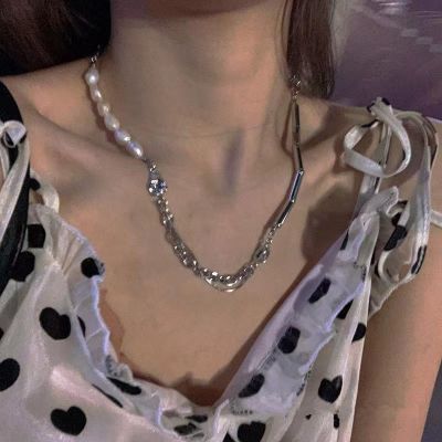 [COD] girl ins pearl splicing titanium steel necklace womens light luxury niche temperament high-end asymmetric clavicle chain