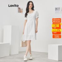 Lovito เดรสลำลองสีพื้น รัดเอว มีกระดุม สำหรับสตรีL52AD072 (สีขาว)