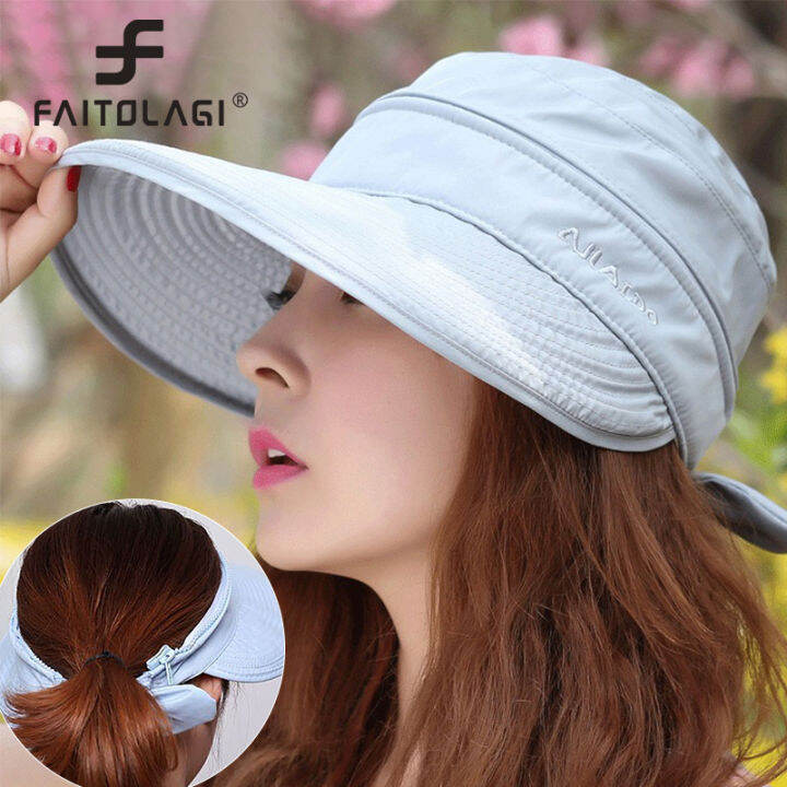 หญิงสาวฤดูร้อนดวงอาทิตย์หมวกกลางแจ้งป้องกันรังสียูวีป้องกันรังสียูวี-visor-หมวกครีมกันแดดปีกกว้างพับที่ถอดออกได้ท่องเที่ยวชายหาดหมวก