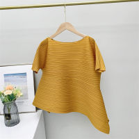 Miyake Pleated Folded Top Summer New Short Sleeve Loose Slim Irregular Clothes Woman