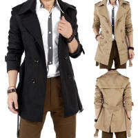 ผู้ชาย Trench Coat Double Breasted Slim Fit สีทึบกลางความยาว Jacket Overcoat Outwear (พร้อมเข็มขัด)