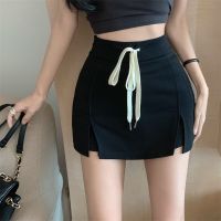 กระโปรงสั้น Hot Girl Drawstring กระเป๋าเอวสูงสะโพก Culottes ฤดูร้อนสีดำกระโปรงกรีดกระโปรงกระโปรงสั้นหญิง