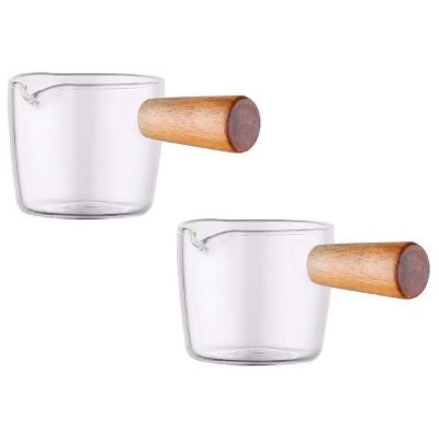 2PCS Transparent Glass Creamer with Wooden Handle, Mini Coffee Milk Creamer Pitcher