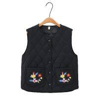 Plus Size XL-4XL Womens V-neck Button Up Thick Winter Vests Oversized Vintage Floral Embroidery Female Outerwear with Pockets