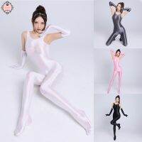 Womens Silky Bodystocking Shiny Glossy Zip Crotch Bodysuit Leotard Jumpsuit