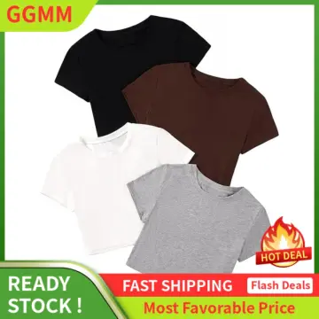 SheIn Women's 4 Pieces Round Neck Short Sleeve Crop T Shirt Solid