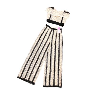 P010-018 PIMNADACLOSET - Lace Trim Sleeveless Crop Top Knit Striped Long Pants Set