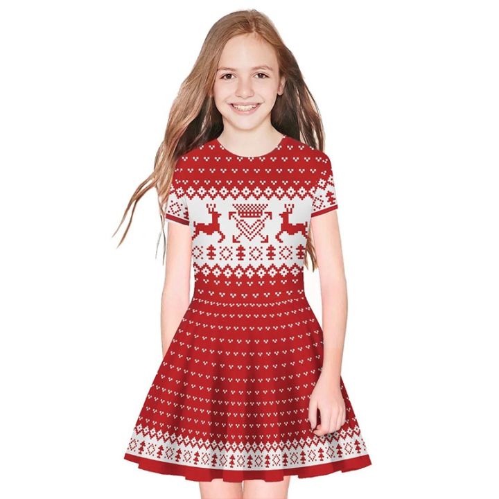 cod-cross-border-spring-and-summer-girls-snowman-print-round-neck-short-sleeved-dress-mid-skirt-a-line-loose-swing-european-foreign-trade