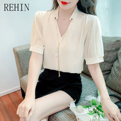 REHIN เสื้อผู้หญิง2023ใหม่ฤดูร้อนเสื้อชีฟองเรียบง่ายอเนกประสงค์เสื้อกันหนาวสวมหัวคอวีมีสไตล์ไม่ซ้ำใคร