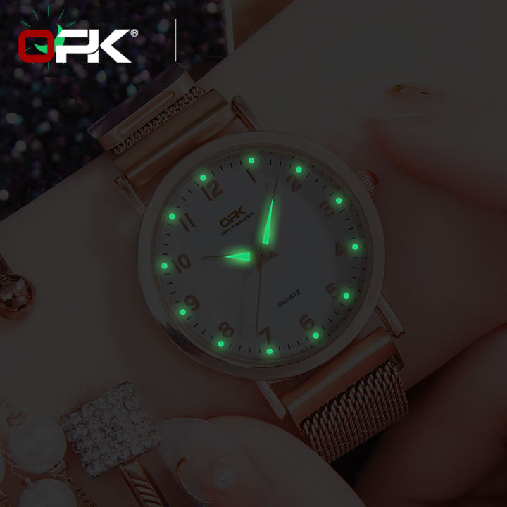 ซื้อ1-take-1-opk-แม่เหล็กนาฬิกาพร้อมชุดสร้อยข้อมือสำหรับผู้หญิง2021ขายกันน้ำ-g-shock-เกาหลีแบบสบายๆหรูหราควอตซ์ทองคำสีกุหลาบนาฬิกาสีดำ