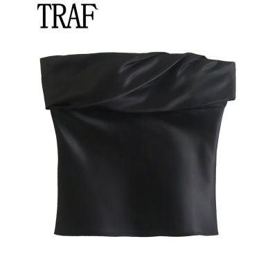 TRAF เสื้อคร็อปสีดำคอร์เซ็ทผ้าซาตินสตรีเสื้อเปิดไหล่เซ็กซี่ผู้หญิง,เสื้อสายเดี่ยวผ้าเดนิมเปลือยหลังแขนกุดอัดพลีท2022