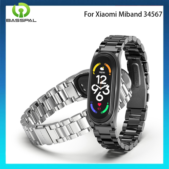 สายนาฬิกาโลหะลูกปัดสามเม็ดสำหรับ-mi-band-3-4-5-6-7สายหัวเข็มขัดพลาสติกสำหรับ-miband-3-4สายรัดข้อมือสำหรับ-xiaomi-miband-5-6-7