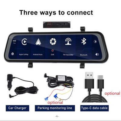 เครื่องบันทึกวีดีโอจอภาพ DVR รถสัมผัสขนาด9.66นิ้วกล้องติดรถยนต์รองรับ Carplay Android Auto Wi-Fi, BT, FM