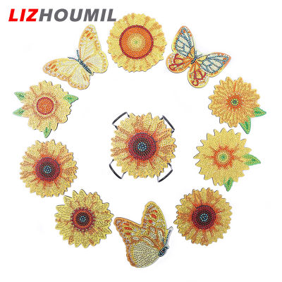 LIZHOUMIL 10ชิ้นถาดรองแก้วเพ้นท์ลายเพชรแบบทำมืออุปกรณ์งานจิตรกรรมผีเสื้อเพชรดอกทานตะวันสำหรับผู้เริ่มต้น