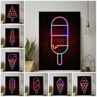 Luyameishop Neon Light Art พิมพ์ไอศกรีมไวโอลินนกปลาโปสเตอร์ Street Wall Art ภาพวาดผ้าใบนามธรรม Cuadros Modern Room Home Decor