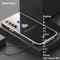 Shmily ใบเมเปิลชุบไฟฟ้าแฟชั่นยอดนิยมเคสโทรศัพท์สำหรับ Realme 5 5i 6i 5S C3 8 8 8 Pro 7i 9i C17 C2 Narzo 50A Narzo 50i ZO ชุบโครเมียมแบบนิ่มเคสกันกระแทกพร้อมเชือกห้อย