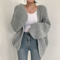 Korejpaa Women Sweaters  Autumn Korean Chic Lazy Style V-Neck Wild Loose Casual Solid Color Lantern Sleeve Knitted Cardigan