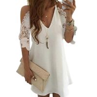 Women Sexy V Neck Pineapple Floral Print Cold Shoulder Lace A Line Beach Dress