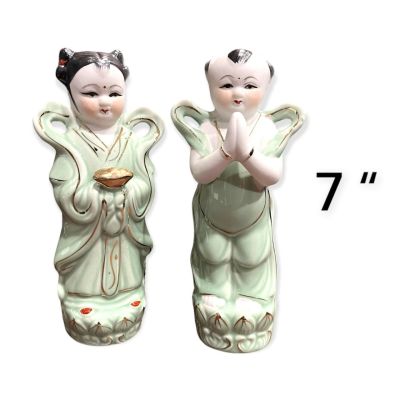 7* กิมท้ง-เง็กนี้ง ลูกศิษย์เจ้าแม่กวนอิม สีขาว-เขียว (กว้าง2นิ้ว สูง7นิ้ว) เป็นงานกังไส นำเข้าจากประเทศจีน ปลุกเสกจากวัดมังกร