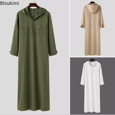 แฟชั่นมุสลิม Abayas เสื้อผ้ามีฮู้ดมุสลิมสีทึบมีหลายกระเป๋ากระดุมกลางภาคตะวันออก Kaftan Jua Thobe สำหรับเสื้อผ้าอิสลามผู้ชาย