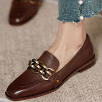 2021 New Women Chain Loafers Low Heels Genuine Leather Round Toe Slip on Loafers Ladies Cozy Casual Spring Shoes