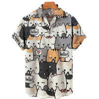 【CW】Men เสื้อฮาวาย3D Cat พิมพ์วันหยุดฤดูร้อนแฟชั่น Casual Beach แขนสั้นน่ารัก Lapel หลวม5xl เสื้อผ้า